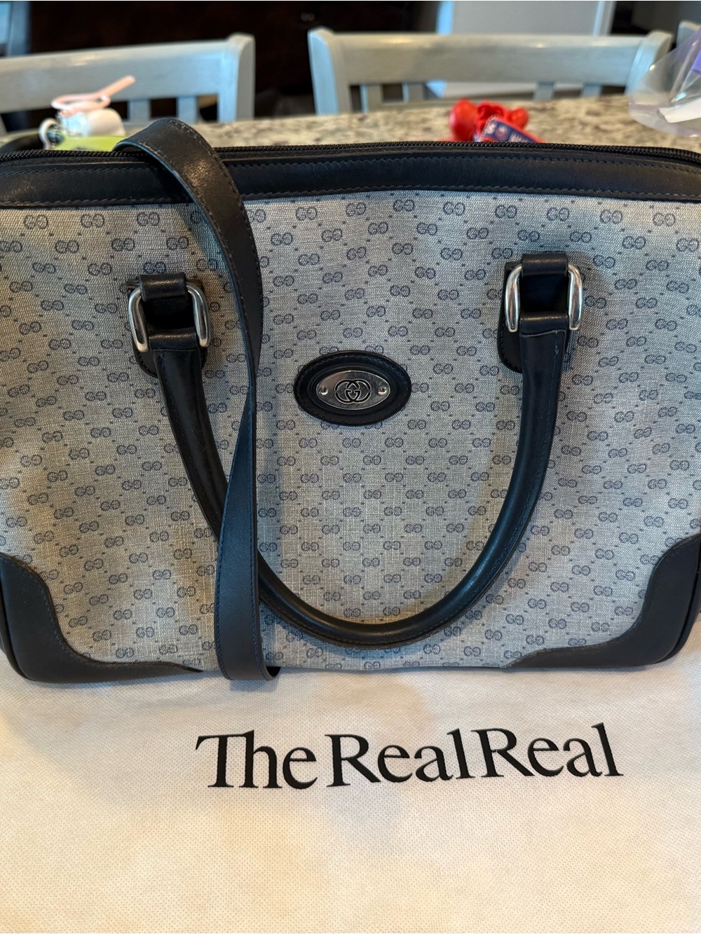 Gucci Gray GG Canvas Satchel with Black Leather Trim